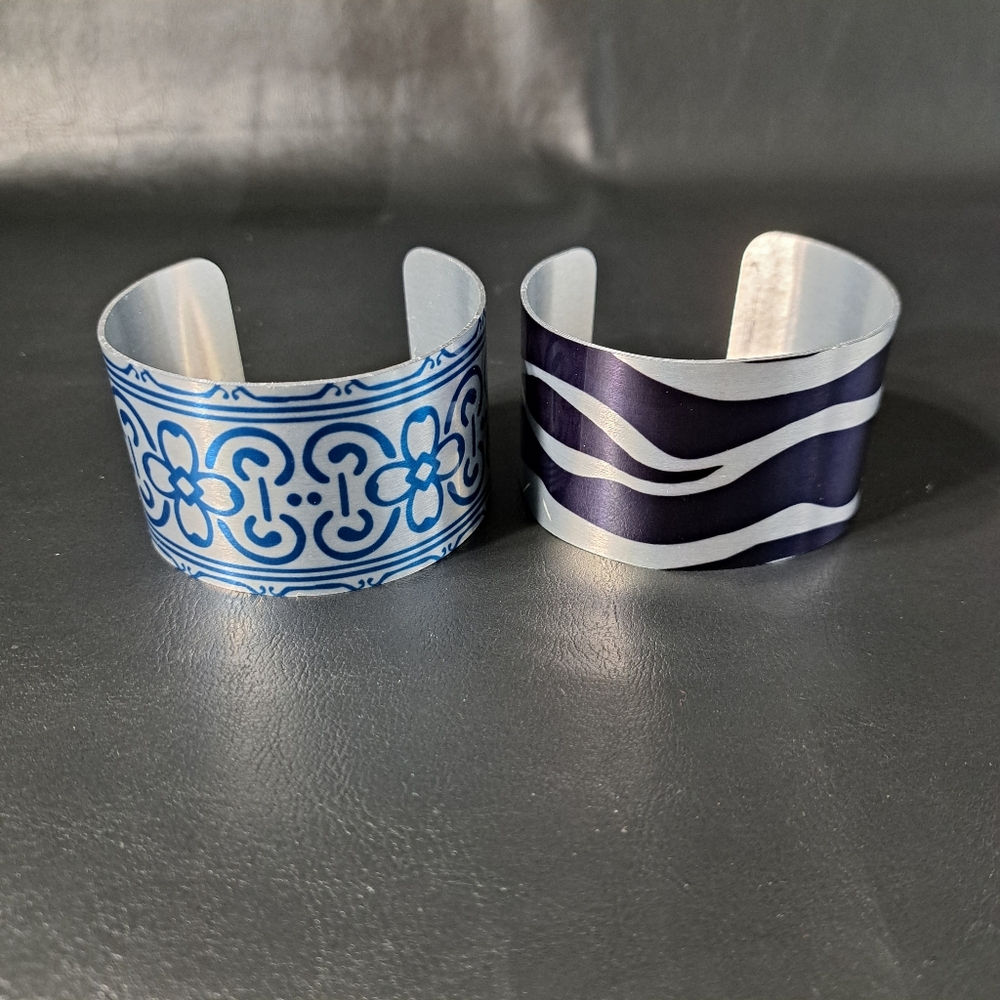 Women's Bracelet Cuff Lot /2 Adjustable Aluminum Silver Tone, Blue & Purple
